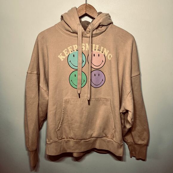 American Eagle Hoodie Seriously Huggable Fleece Lined Hood Keep Smiling Tan S - Picture 1 of 7